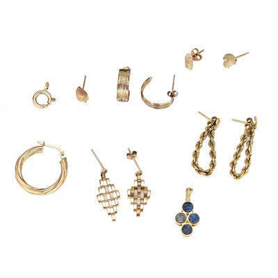 Lot 201 - A group of gold earrings and a lapis lazuli set cross pendant