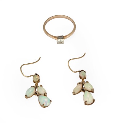 Lot 172 - A 9ct gold diamond ring and pair of opal earrings