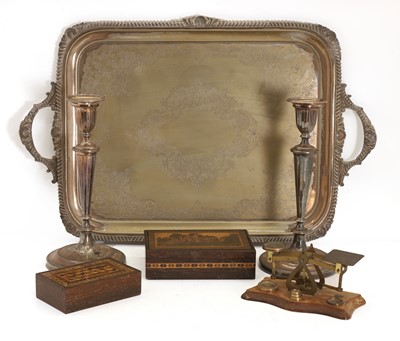 Lot 31 - A pair of silver plated candlesticks, a tray