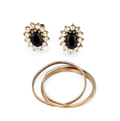 Lot 163 - A 9ct gold Russian band ring and pair of sapphire cluster earrings