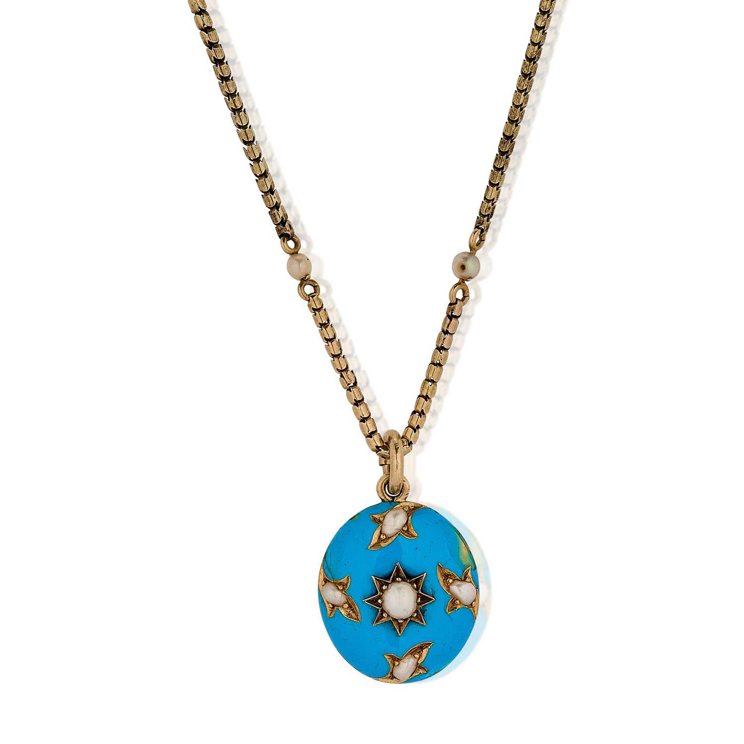 Lot 16 - A Victorian enamel and split pearl pendant necklace