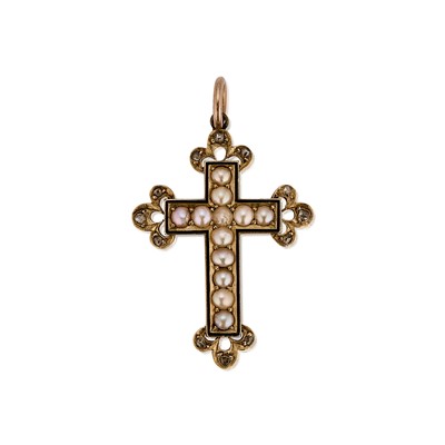 Lot 7 - A Victorian pearl, enamel and rose cut diamond cross pendant