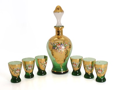 Lot 251 - A collection of Murano green glass and gilt liquor set