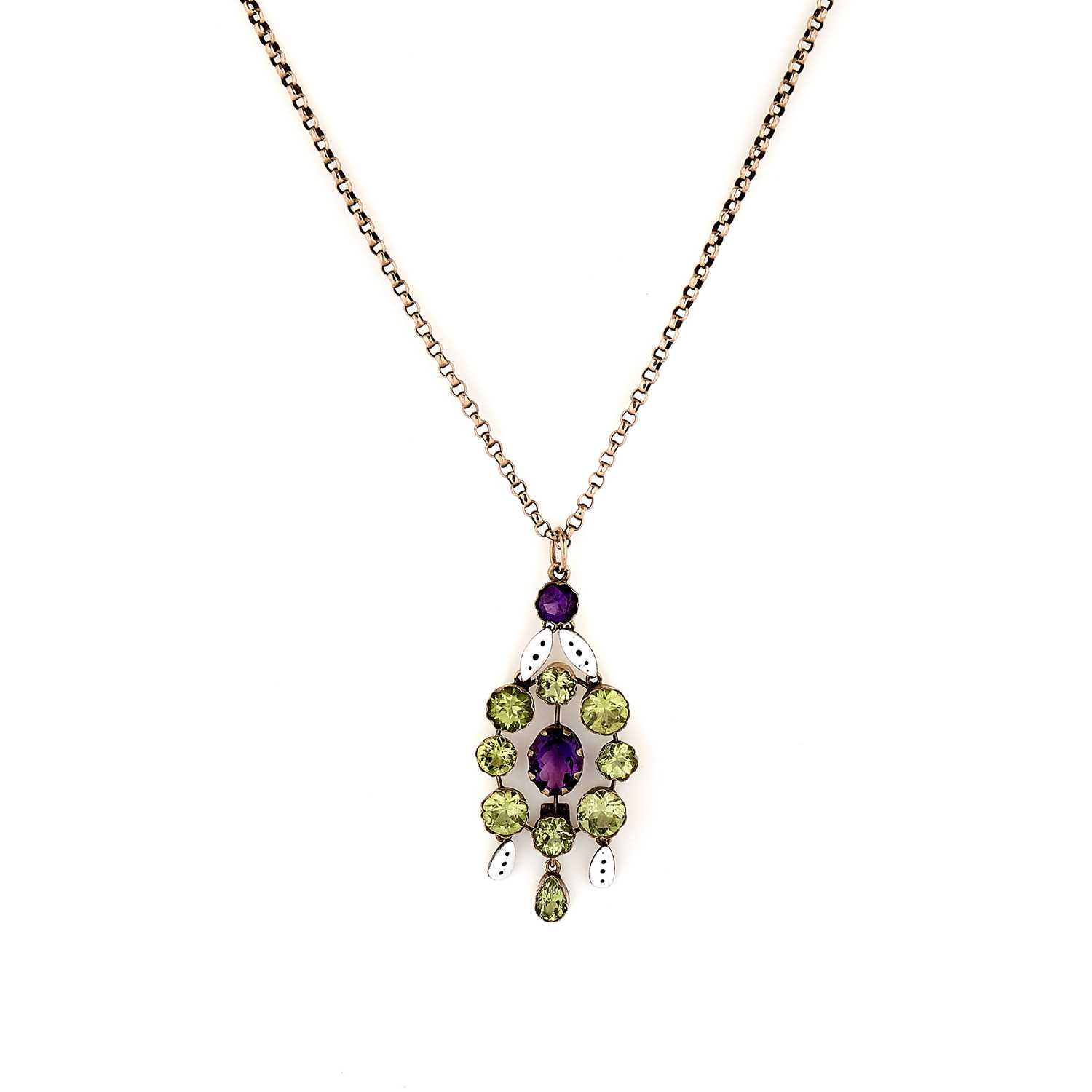 Lot 25 - An Edwardian amethyst, peridot and enamel pendant necklace
