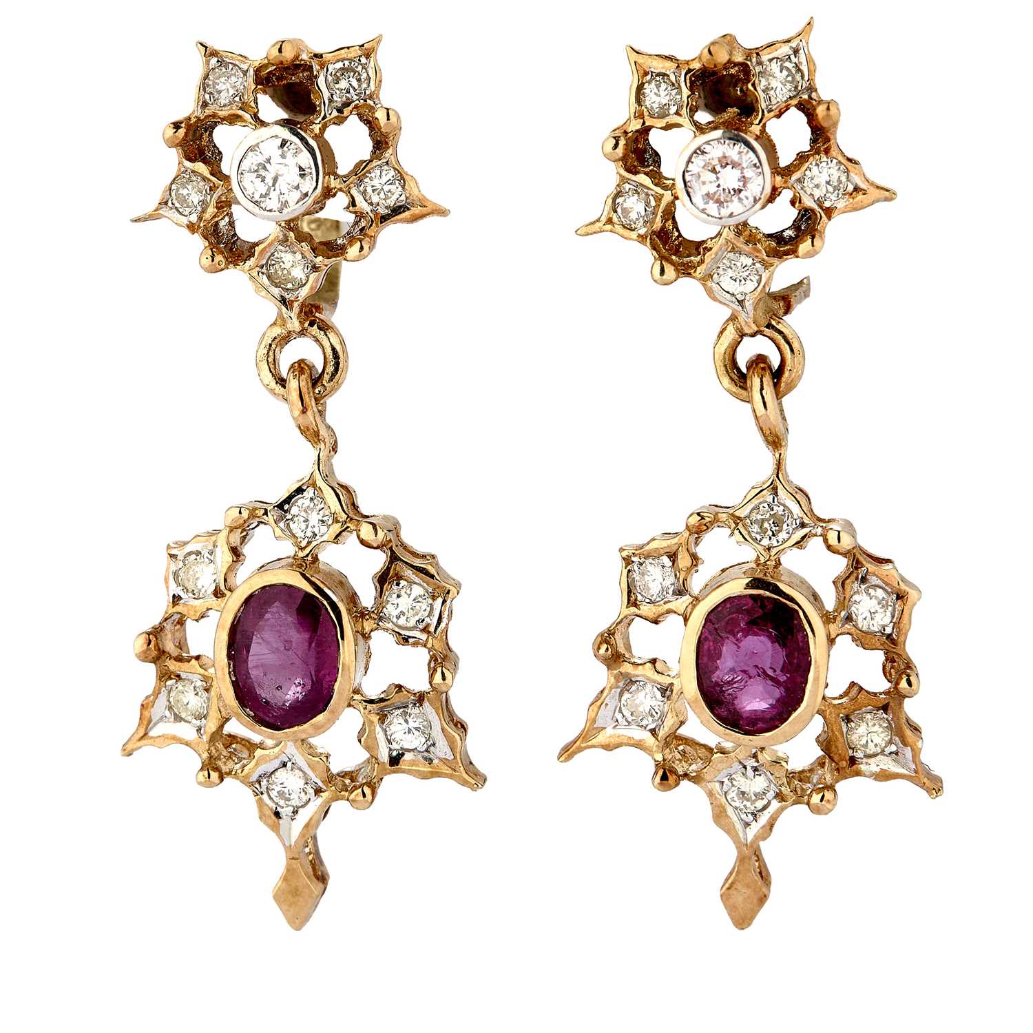 Lot 89 - A pair of diamond and ruby drop earrings