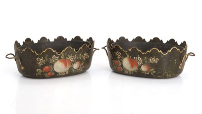 Lot 394 - A pair of decorated toleware chestnut baskets