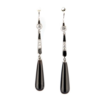 Lot 118 - A pair of onyx and diamond articulated drop earrings