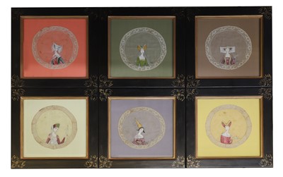Lot 412 - 'Sybille', a set of six painted lace panels