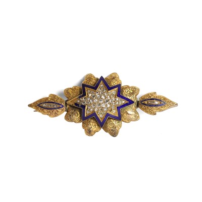 Lot 13 - A Victorian enamel and rose cut diamond brooch