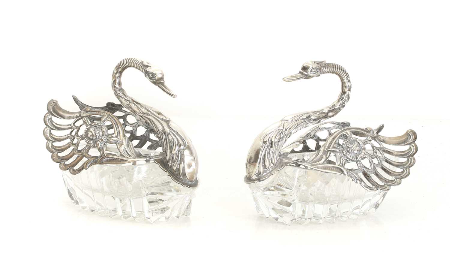 Lot 11 - Pair silver and cut glass swan dishes