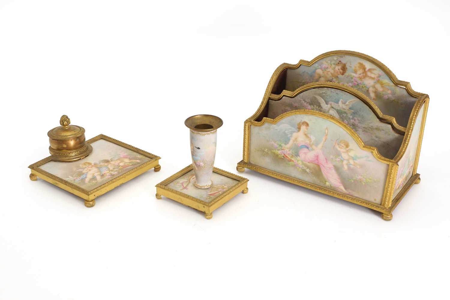 Lot 123 - A Sèvres style porcelain and ormolu mounted desk set