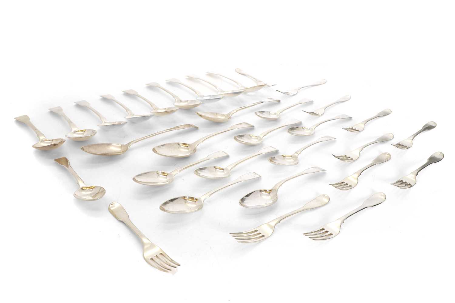 Lot 12 - A collection of George III and George IV matched silver fiddle pattern flatware
